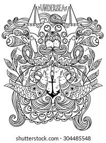 vector hand drawn  illustration of an old octopus with nautical elements