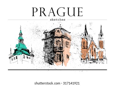 Vector hand drawn illustration of old Prague sightseeing tower isolated on white background. European buildings and town architecture. City sketches. Black stroke.