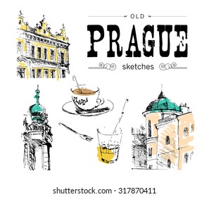Vector hand drawn illustration of old Prague tower building isolated on white background. European ancient historical architecture. City sketches. Black stroke. Ink drawing.