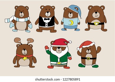 Vector hand drawn illustration on textured background. Holiday greetings card with 7 bears in New Year costumes. Scarves, hats, candy, small flags.
