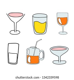 Vector hand drawn illustration on white background. Hello summer, beach, drink. Set of Sketch Cocktails and Alcohol Drinks. doodle, sketch, design, icons, 