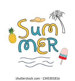 Vector hand drawn illustration on white background. lettering. Hello summer, beach, sun, fruit.