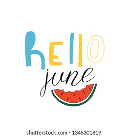 Vector hand drawn illustration on white background. lettering. Hello summer, beach, sun, fruit.