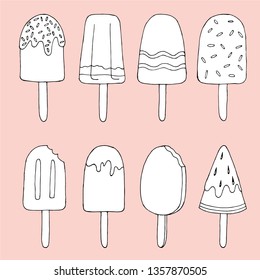 Vector hand drawn illustration on pink background. Cold icecream. Hello summer, beach, sun. black and white. set, doodle, sketch, outline, black and white, food, chocolate, icon, painted, line art