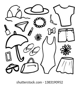 Vector hand drawn illustration on white background. Fashion set of woman's summer clothes and accessories. Black and white. doodle style, sketch, elements, set, beach, vacation, travel, trip, holiday