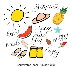 Vector hand drawn illustration on white background. slogan, lettering, calligraphy, Hello summer, beach, sun, fruits, doodles, elements, set, design, t shirt, sketch, travel, vacation, trip, holiday