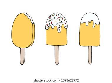 Vector hand drawn illustration on white background. Cold ice cream. Greeting card, doodle. set. popsicle stick, yellow, sketch, elements, design, icons, summer, food, vacation, cool, frozen