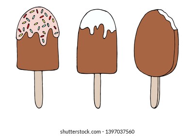 Vector hand drawn illustration on white background. Cold icecream. Hello summer, beach, food. chocolate, t shirt, print, design, elements, set, sweet, doodles, sketch, stick, menu, party, popsicle