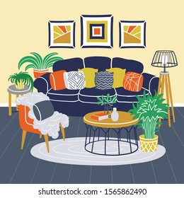 Vector hand drawn illustration on the theme of home interior design, home comfort. Colored poster with living room furniture