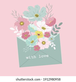 
vector hand drawn illustration on the theme of spring, wedding, women's day, Valentine's day. beautiful flowers in an envelope with the words "with love" trendy flat illustration for web, magazines