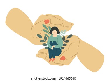 vector hand drawn illustration on the theme of  body positivity, self-acceptance,  support, mental health- 
the girl sits in big hands and hugs her knees.  flat illustration for web, app, magazine