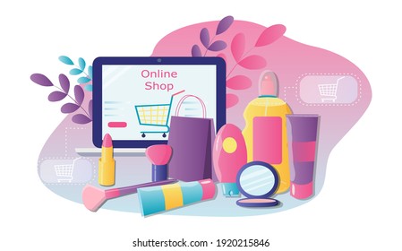 vector hand drawn illustration on the theme of online cosmetics store. care and decorative cosmetics and a laptop. flat trend illustration for magazines, website and application banner