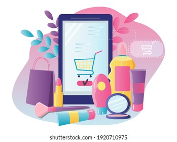 vector hand drawn illustration on the theme of online cosmetics store. care and decorative cosmetics and a smartphone. flat trend illustration for magazines, website and application banner