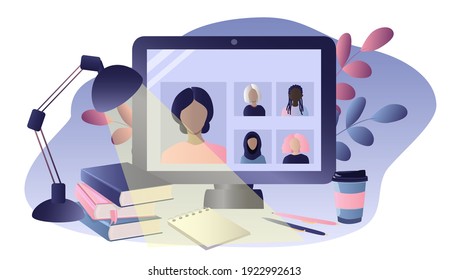 vector hand drawn  illustration on the theme of the webinar, online education. computer with online conference on the screen, books, coffee. flat trending illustration for websites, magazines and apps