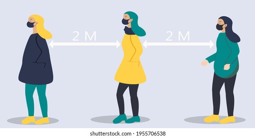 vector hand drawn illustration on the topic of social distance during a pandemic. women stand at a distance of 2 meters from each other. trend illustration in flat style