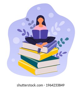 vector hand drawn illustration on the theme of reading books. girl reads a book while sitting on a huge stack of books. trend illustration in flat style