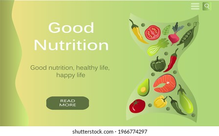 vector hand drawn illustration on the theme of proper nutrition, healthy food. banner for the site and app with the image of products and the inscription Good nutrition