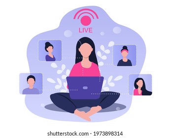 vector hand drawn illustration on the theme of the webinar, online education. the girl sits with a laptop and broadcasts live with several other people. trend illustration in flat style