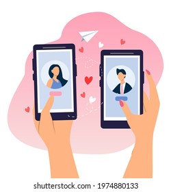 vector hand drawn illustration on the topic of online dating.  a guy and a girl on the screens of smartphones. dating apps. trend illustration in flat style