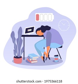 vector hand drawn illustration on the theme of emotional burnout at work and school. the tired girl laid her head on the table. trend illustration in flat style