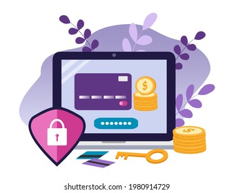 ilustración de vector sobre el tema de la seguridad de los pagos electrónicos, la protección de datos. portátil, llave, dinero y tarjeta de crédito. ilustración de tendencia en estilo plano