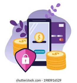 ilustración de vector sobre el tema de la seguridad de los pagos electrónicos, la protección de datos. smartphone, dinero y tarjeta de crédito. ilustración de tendencia en estilo plano