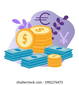 ilustración de vector sobre el tema del dinero, las finanzas, los tipos de cambio. billetes de papel, monedas, signos - euro y yen. ilustración de tendencia en estilo plano para web, app, magazine