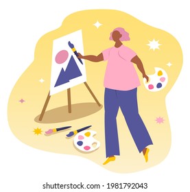 vector hand drawn illustration on the theme of design, artists, creativity. a girl stands in front of an easel, in her hands she has a brush and a palette. trend illustration in flat style