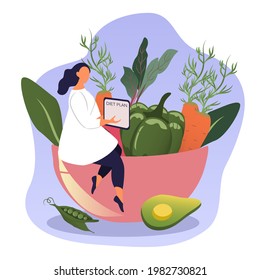 vector hand drawn illustration on the theme of diet, good nutrition. the doctor is holding a diet plan. a bowl of vegetables. trend illustration in flat style