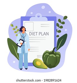 vector hand drawn illustration on the theme of diet, proper nutrition. doctor, diet plan, healthy vegetables. trend illustration in flat style