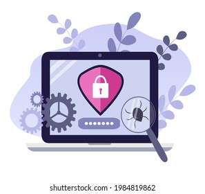 vector hand drawn illustration on the theme of antivirus for computers and data protection. laptop, on the screen of which there is a shield with a lock. trend illustration in flat style