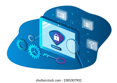 vector hand drawn illustration on the theme of antivirus for computers, data protection, cyber safety. laptop, on the screen of which there is a shield with a lock. trend illustration in flat style