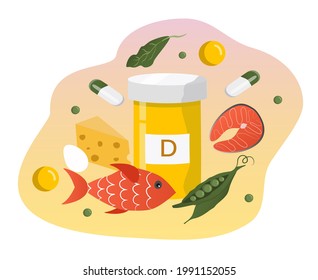 vector hand drawn illustration on the topic of vitamins, dietary supplements. Vitamin D and foods that contain it. trendy illustration in flat style for webs, magazines, apps