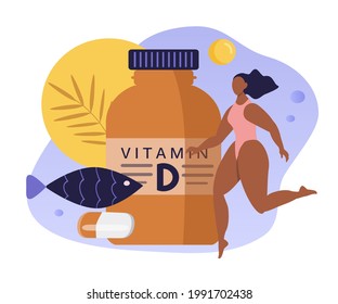 vector hand drawn illustration on the theme of vitamins, dietary supplements. Vitamin D, sun and tanned girl. trendy illustration in flat style for webs, magazines, apps