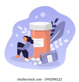 vector hand drawn illustration on the theme of medical care for mental disorders. the girl sits hugging her knees next to the pills