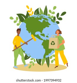 vector hand drawn illustration on the theme of ecology. a man and a woman are cleaning the planet, taking care of it. trend illustration in flat style