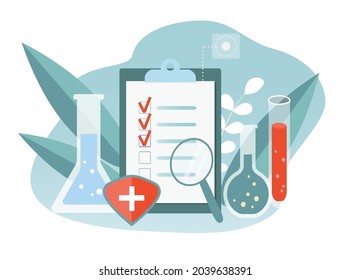 ilustración de vector dibujada a mano sobre el tema de análisis médicos, pruebas. tubos de ensayo, frascos, viales de sangre, cuestionario. ilustración de tendencia en estilo plano