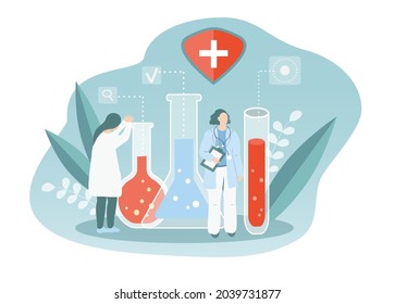 vector hand drawn illustration on the theme of medical analyzes, tests. test tubes, flasks, blood vials, two doctors. trend illustration in flat style