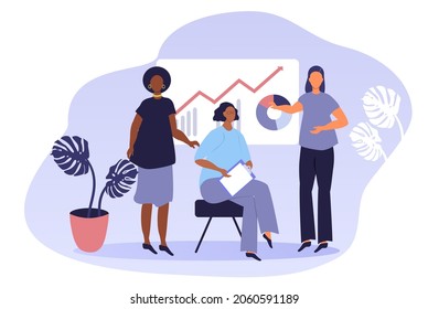 vector hand drawn illustration on the theme of office, teamwork. women  of different races are present the company's development strategy.
 trend illustration in flat style