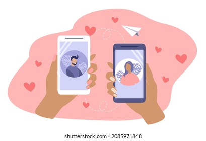 vector hand drawn illustration on the theme of online dating. a guy and a girl on the screens of smartphones. dating apps. trend illustration in flat style