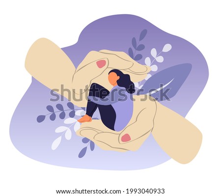 vector hand drawn illustration on the theme of body positivity, self-acceptance, support, mental health-
the girl sits in big hands and hugs herself by the knees. flat illustration for web, app