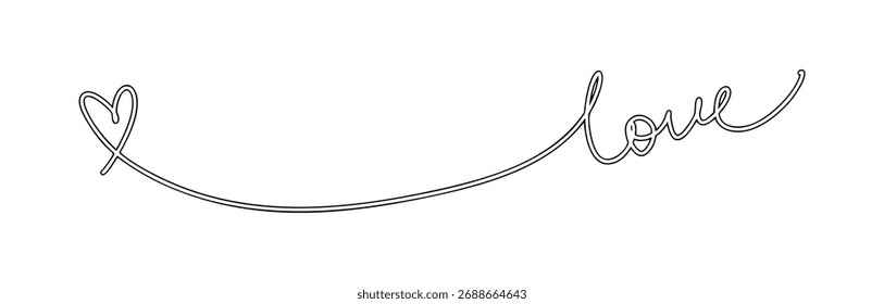 Vector hand drawn illustration. One continuous line with heart and love lettering.