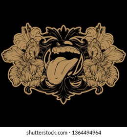 Vector hand drawn illustration of open mouth with flowers and baroque frame isolated. Tattoo artwork. Template for card, poster. banner, print for t-shirt, pin, badge, patch.