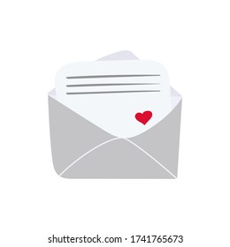 Vector hand drawn illustration of an open envelope with a sheet of paper with text and a heart inside. Letter. Email message.