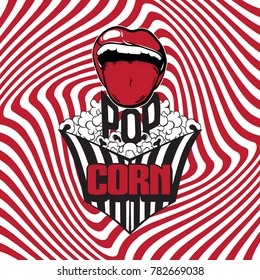 Vector hand drawn illustration of  open mouth with pop corn box. Creative artwork. Template for card, poster,banner, print for t-shirt, textiles, label, pin, badge, logotype.