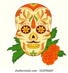 Vector hand drawn illustration of orange ornamental skull with mustache for day of dead.