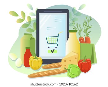 ilustración dibujada a mano vectorial - pedidos de productos en línea, entrega de alimentos. smartphone y comida. tienda de comestibles en línea. ilustración plana de tendencia, banner para sitios web, aplicaciones, revistas