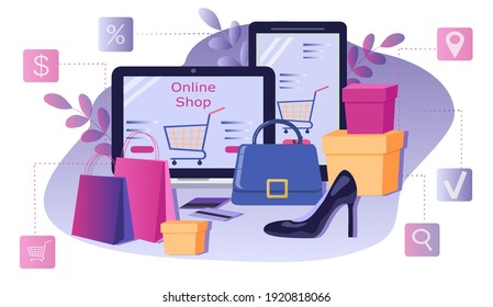 vector hand drawn illustration - ordering clothes online, laptop, smartphone, clothes, packages  and boxes. online shopping. trending flat illustration, banner for websites, apps, magazines