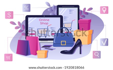 vector hand drawn illustration - ordering clothes online, laptop, smartphone, clothes, packages  and boxes. online shopping. trending flat illustration, banner for websites, apps, magazines