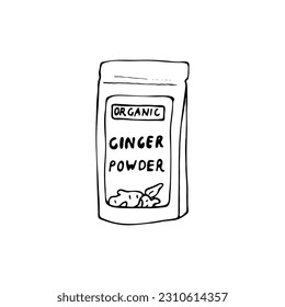 Vector hand drawn illustration of organic ginger powder. Ginger powder in sachet